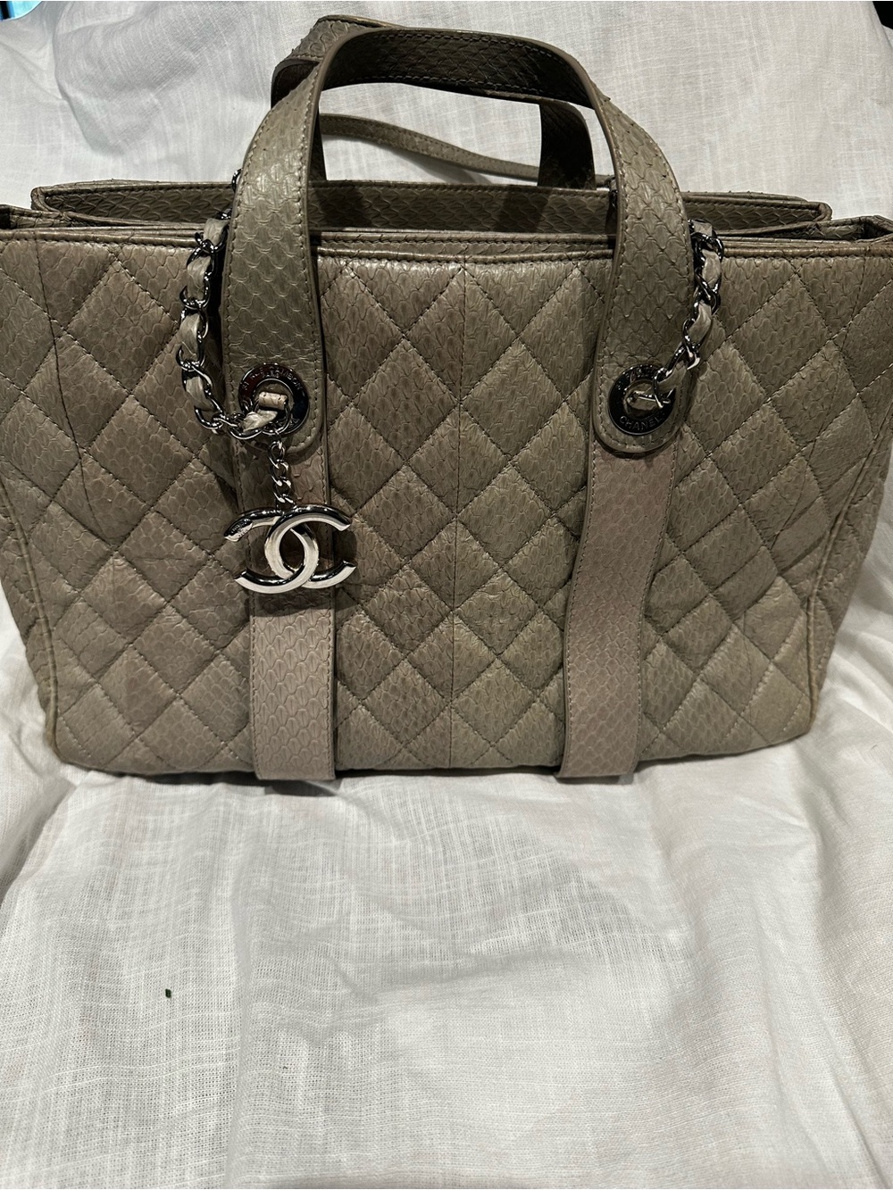 Chanel Grey Quilted Leather Tote with CC Charm